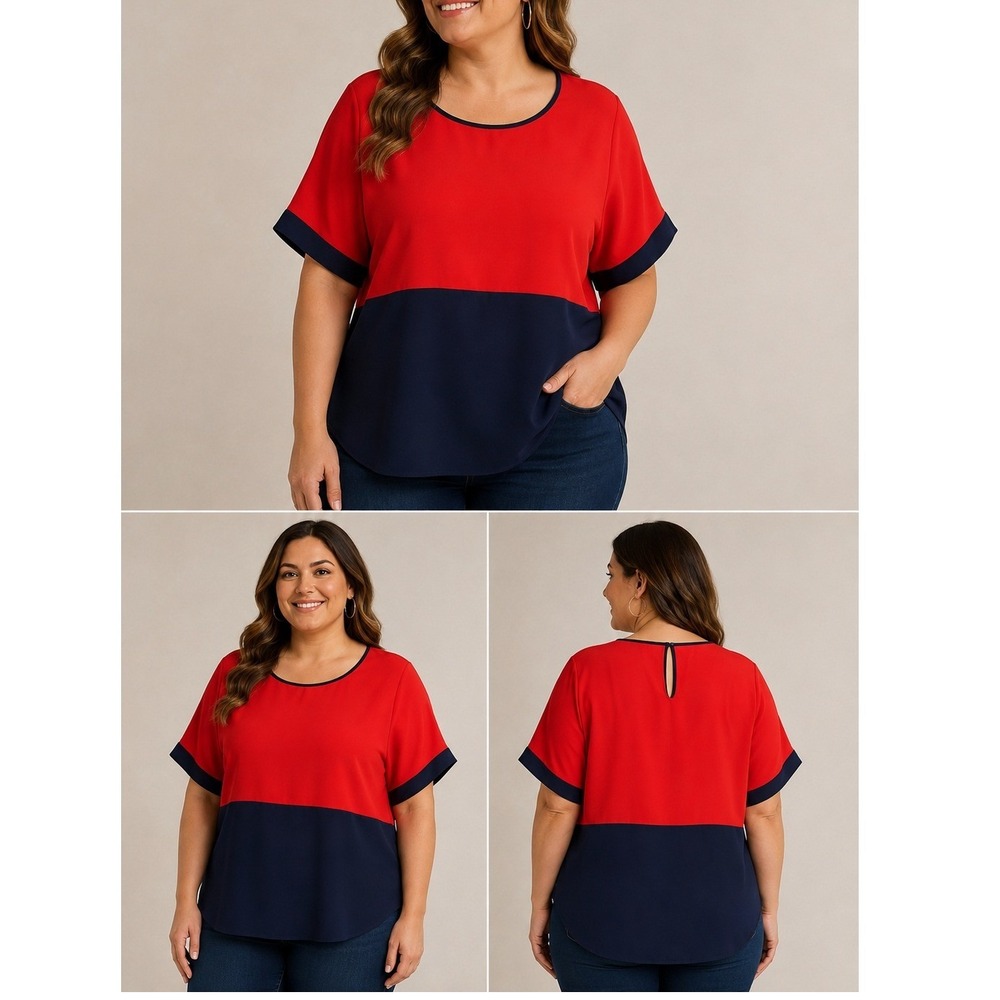 Tommy Hilfiger Blouse Womens XXL Red Navy Excellent Colorblock Short Sleeve Top